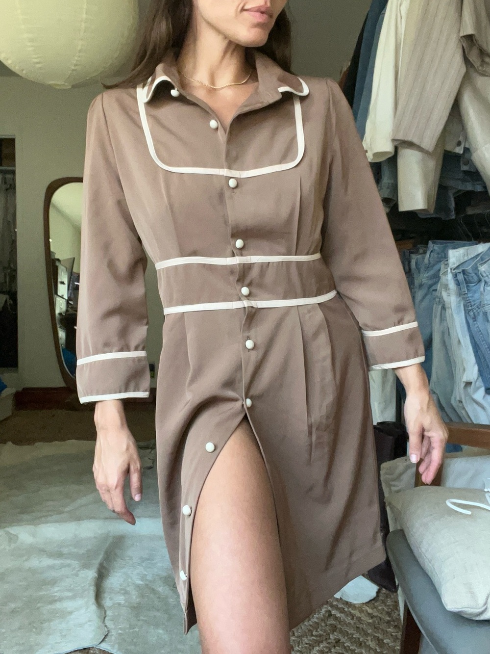 Vintage Laundry Room Brown Mod Mini Dress with Contrast Piping